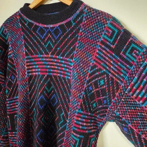 VINTAGE MULTICOLOR GEOMETRIC PATTERN CREW NECK PULLOVER SWEATER MEDIUM - Picture 5 of 13